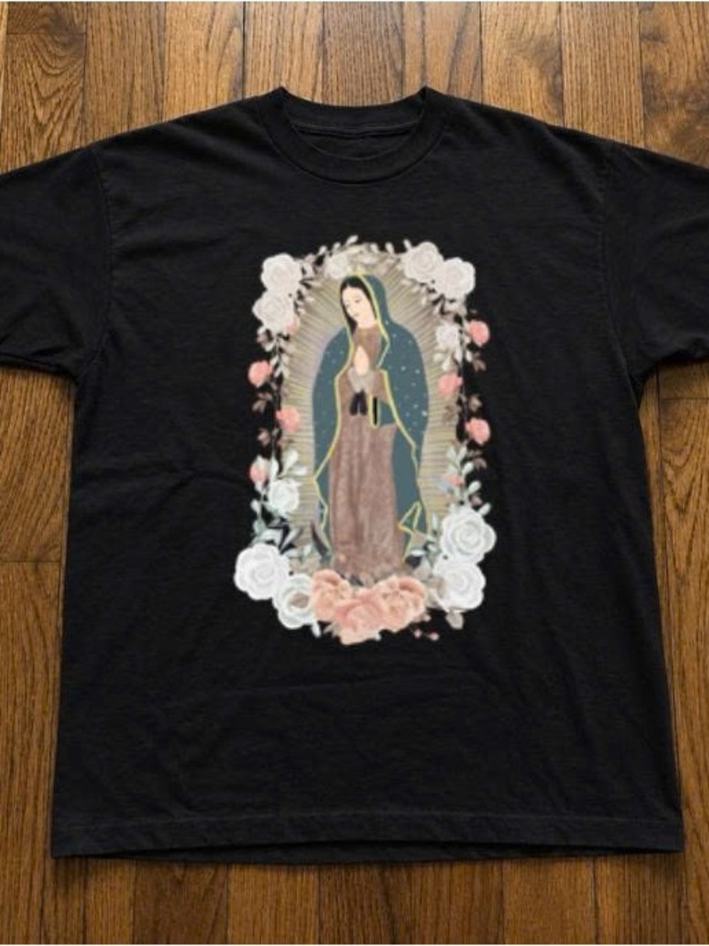 Black Women's Graphic Tee with Floral Virgin Mary Design